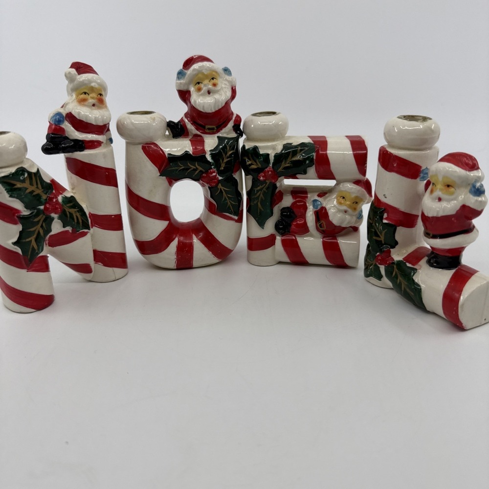 Vtg Candy Cane NOEL Blue Mitten Santa's Candleholders MCM 1950s Japan Flaws